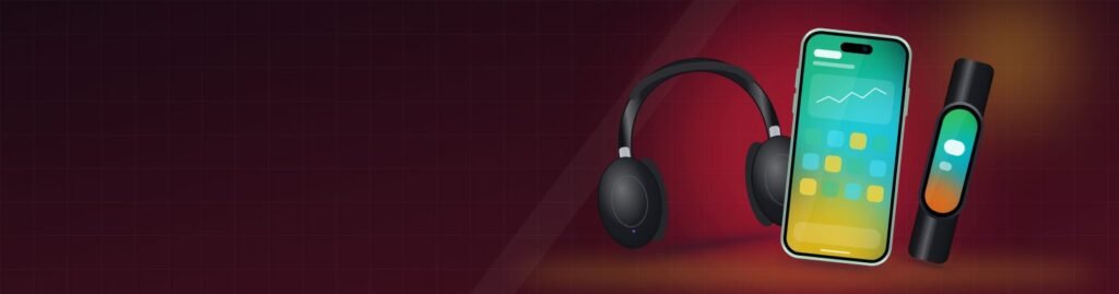Headphones, smartphone and fitness band on sale